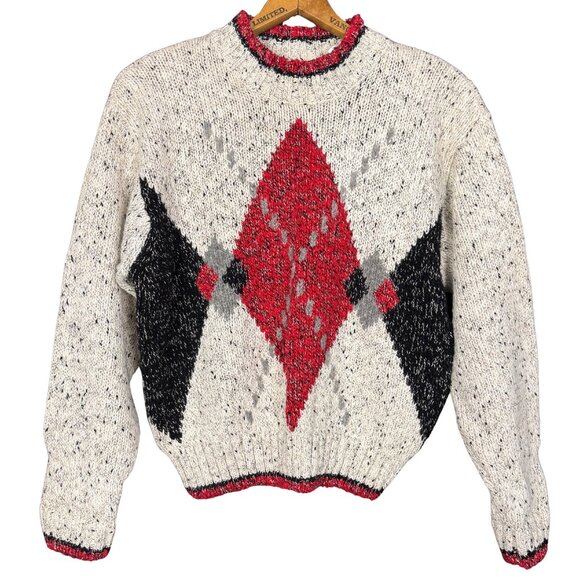 Vintage Sweaters - Vintage 90s Chunky Argyle Speckled Knit Sweater – Cotton Ramie Blend, Festive